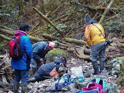 ヒダサンショウウオを撮影するお貴さん